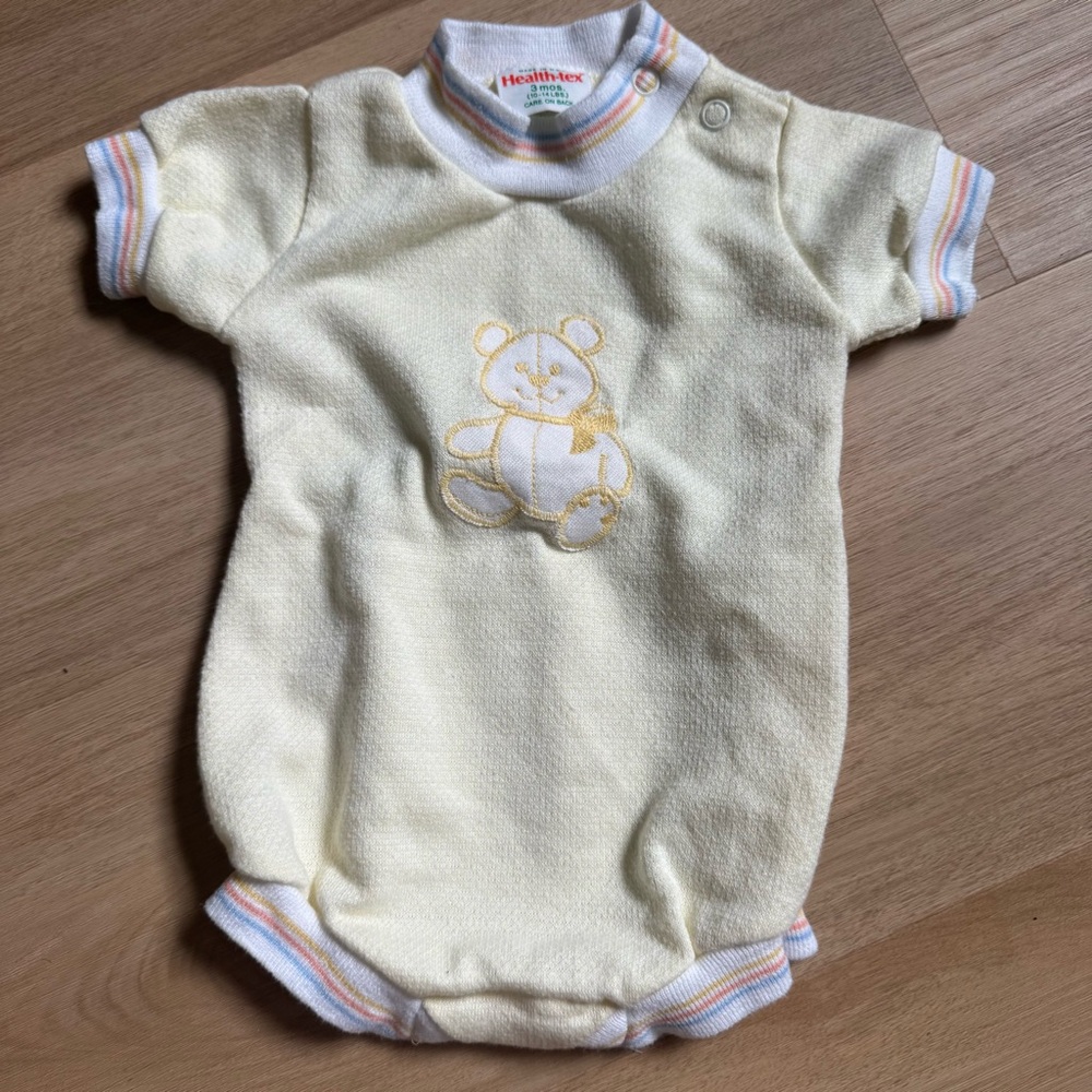 Vintage Healthtex Baby Romper Yellow With Embossed Bear And Striped Trim 3 Mos